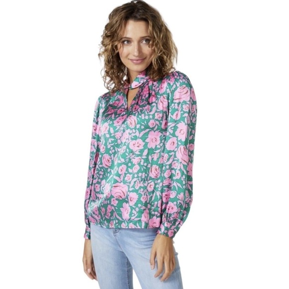 Esqualo Shimmer Rose Balloon Sleeve Keyhole Blouse Womens Size 12 NWT $98 - Picture 5 of 16